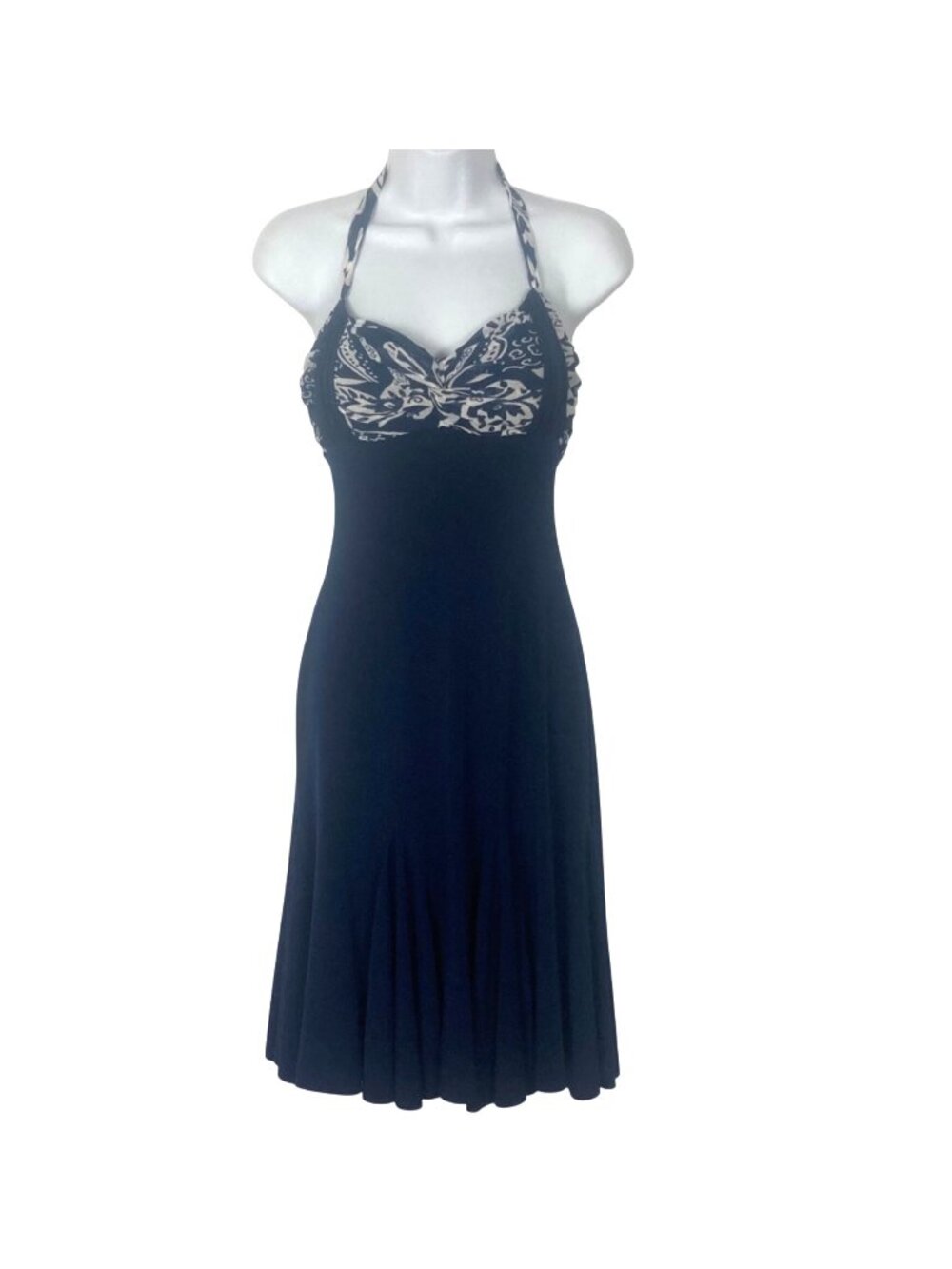 Vintage Y2K Cache Halter Dress 2 Navy Blue Floral Accents Mid Calf Empire Waist